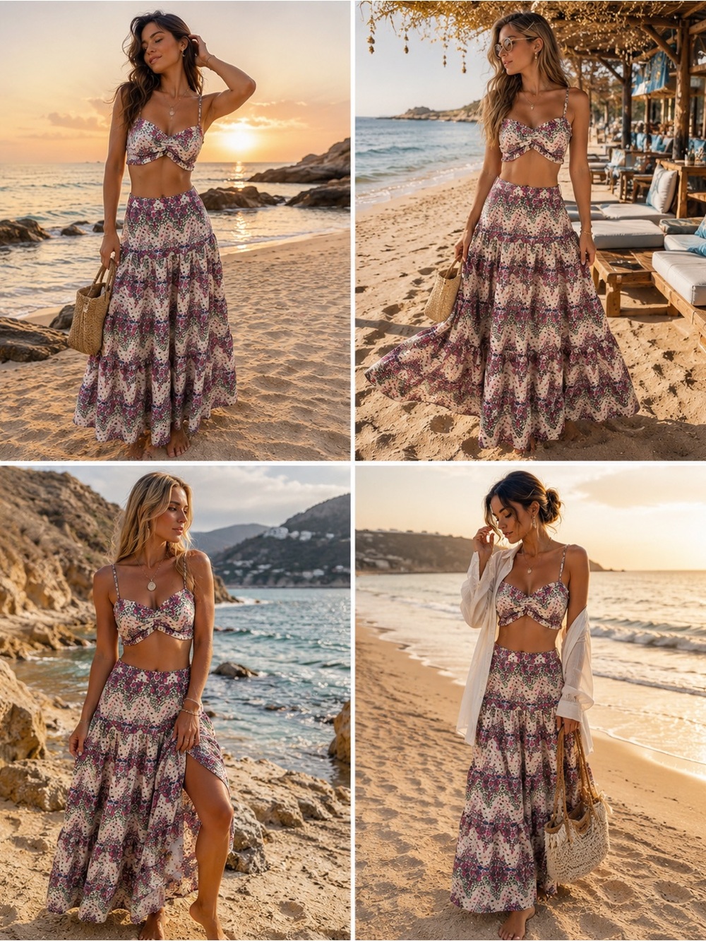 Luxxel Floral Print Tiered Maxi Skirt Set in Purple and Cream